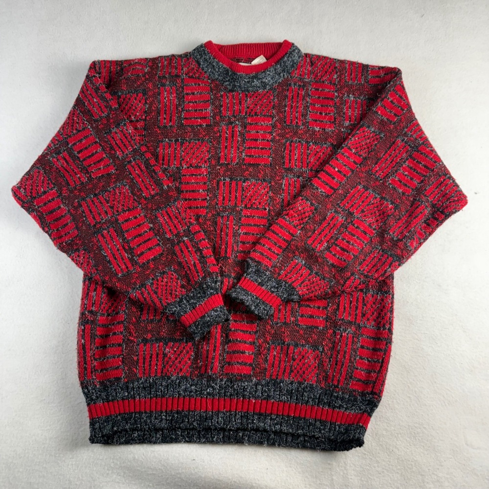 Vintage Red Charcoal Geometric Block Knit Crewneck Sweater Mens Large Retro 90s